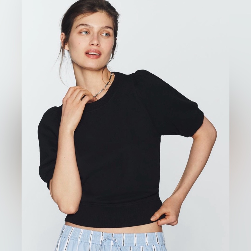 NWT Anthropologie Maeve Black Onyx Puff Sleeve Sweatshirt Tee SZ SMALL
